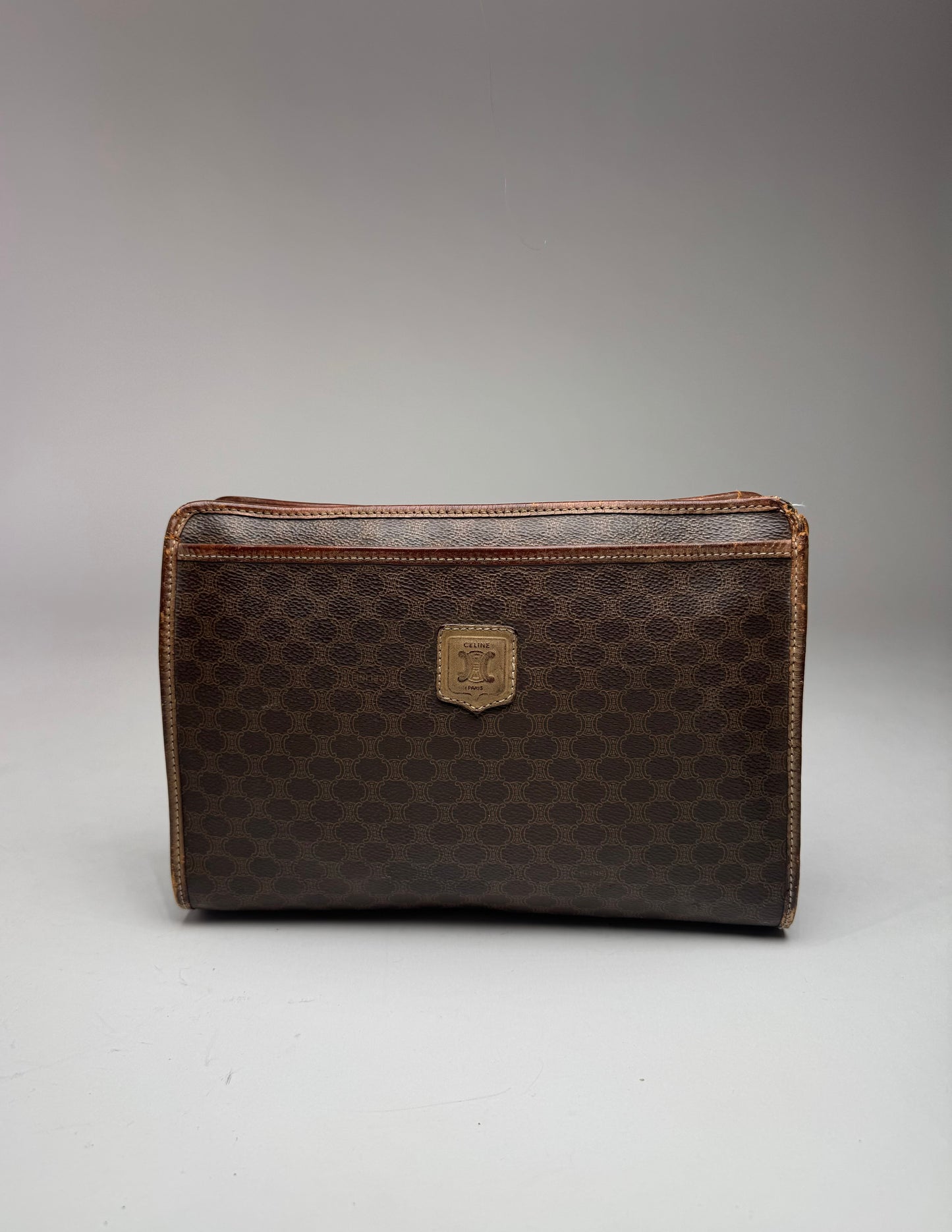 Vintage Celine Paris Triomphe Monogram Leather Clutch Brown