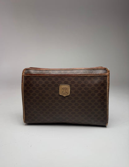 Vintage Celine Paris Triomphe Monogram Leather Clutch Brown