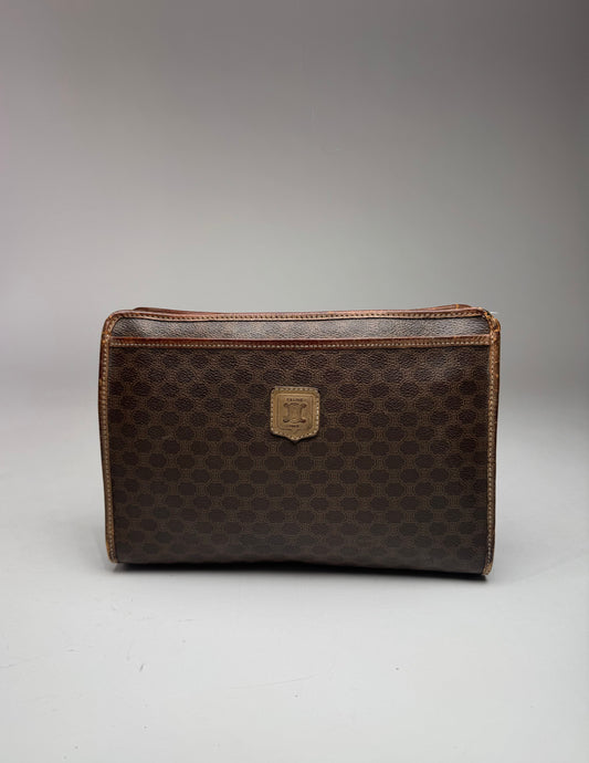 Vintage Celine Paris Triomphe Monogram Leather Clutch Brown