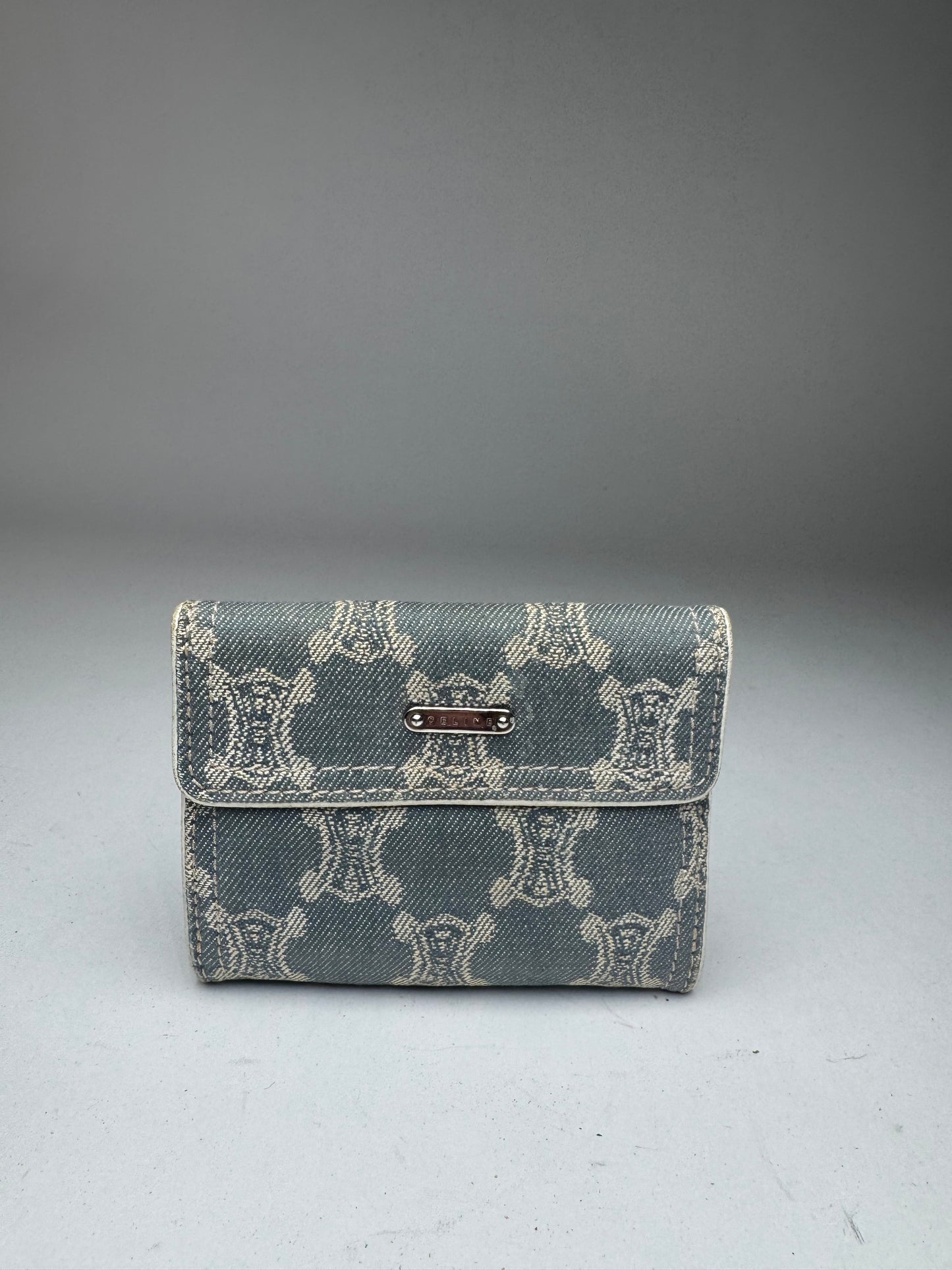 Vintage Celine Paris Denim Leather Monogram wallet white blue