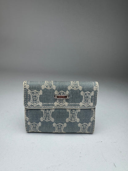 Vintage Celine Paris Denim Leather Monogram wallet white blue