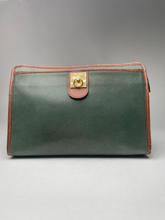 Vintage Celine Paris Triomphe Leather Clutch Green