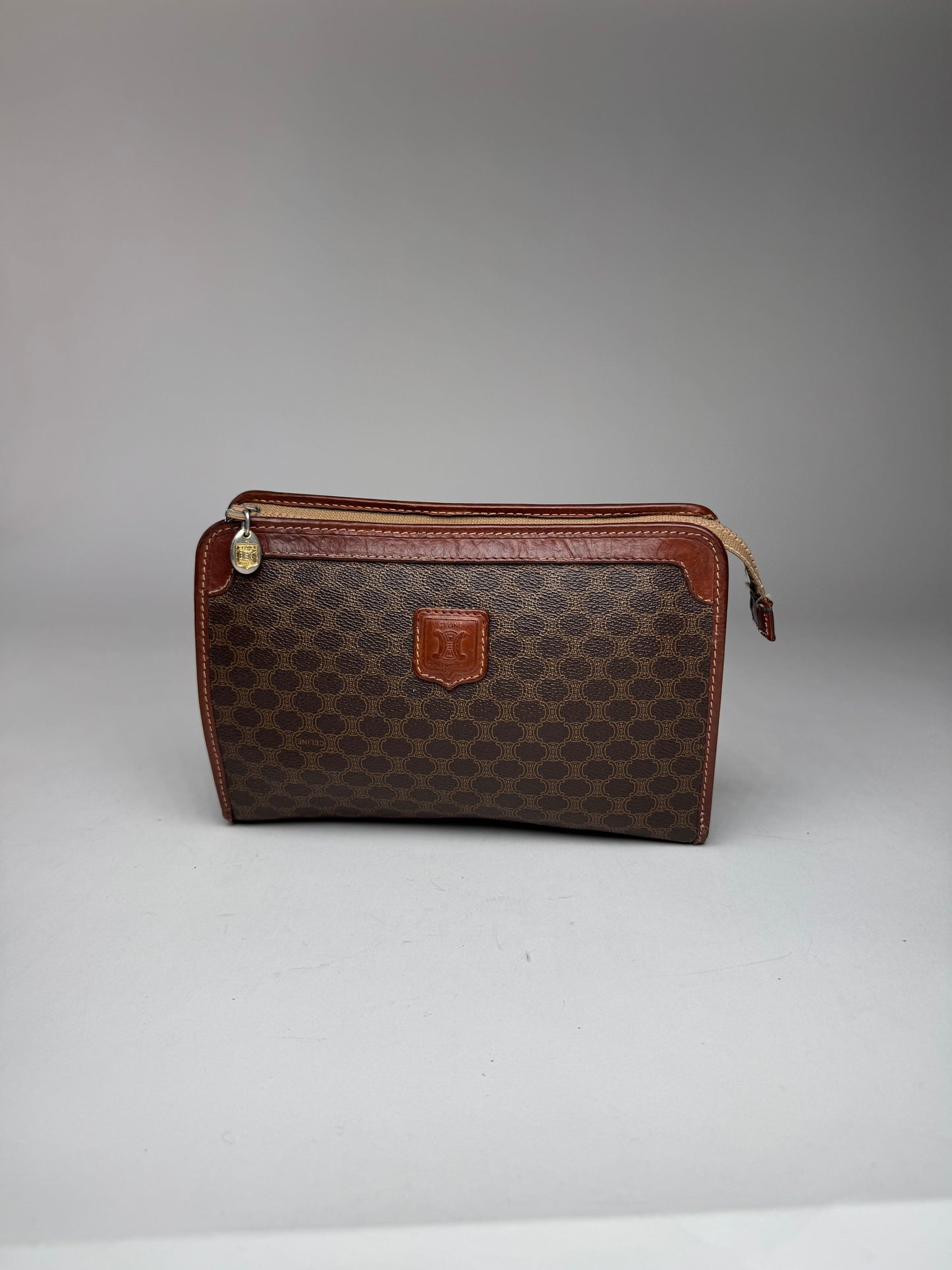 Vintage Celine Paris Triomphe Leather monogram Clutch Brown