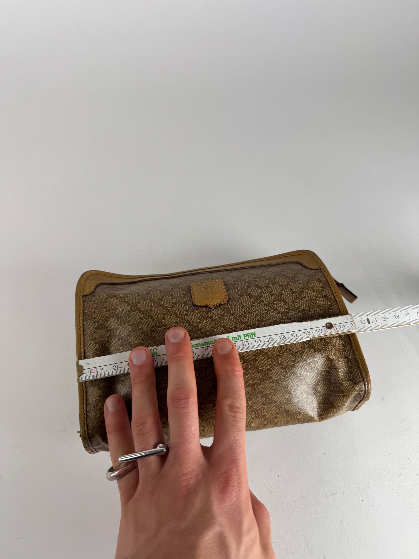 Vintage Celine Paris Leather Monogram Clutch Beige Brown