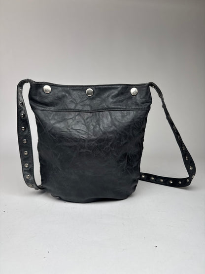 Vintage Pleated Leather Crossbody Bag Black