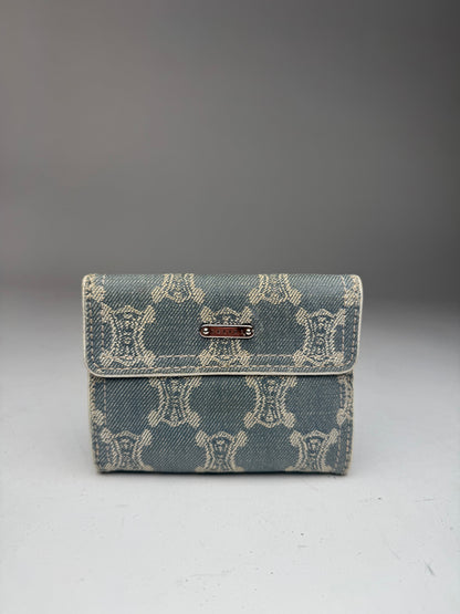 Vintage Celine Paris Denim Leather Monogram wallet white blue