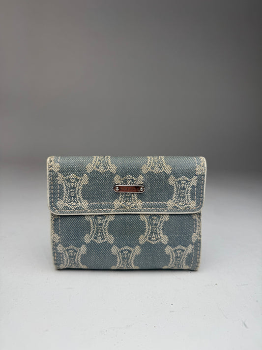 Vintage Celine Paris Denim Leather Monogram wallet white blue