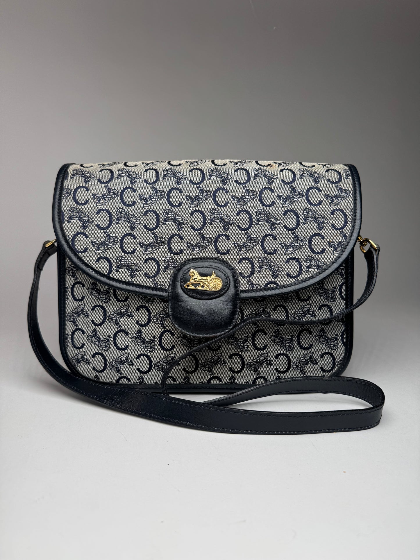 Vintage Celine Paris Triomphe Monogram Canvas/Leather Shoulder bag black gray