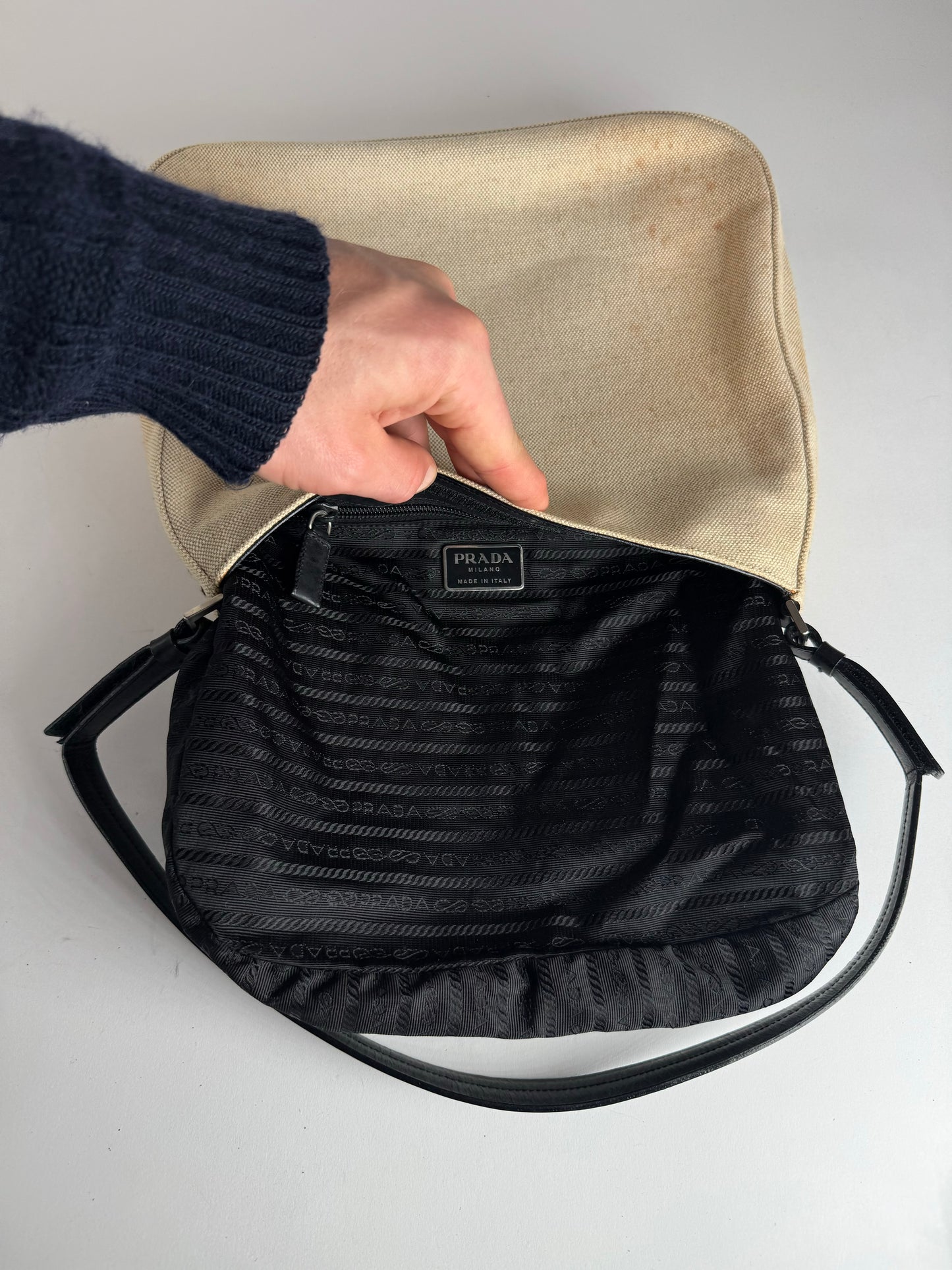 Vintage Prada Cleo Canvas Leather Bag Beige Black