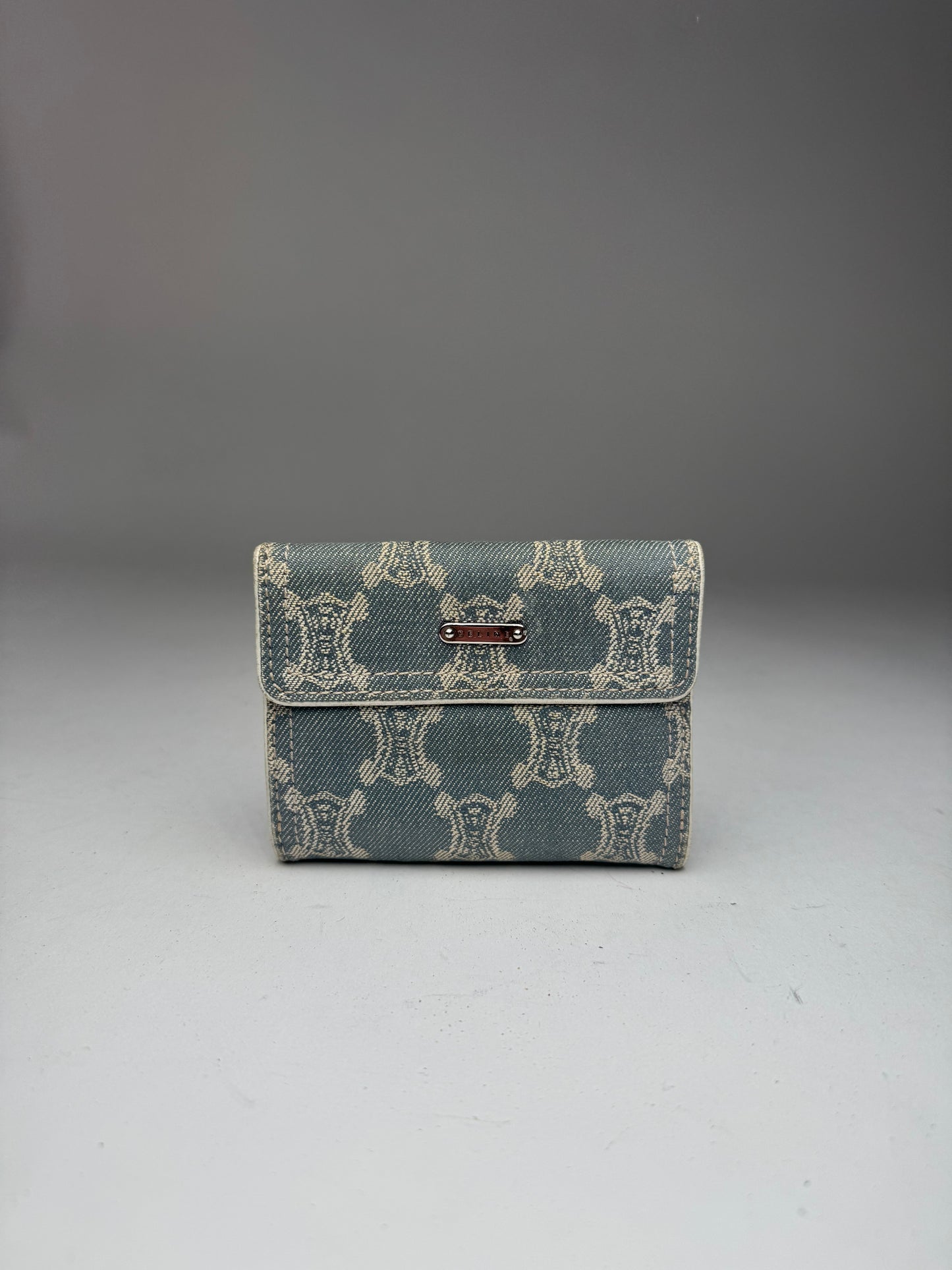 Vintage Celine Paris Denim Leather Monogram wallet white blue