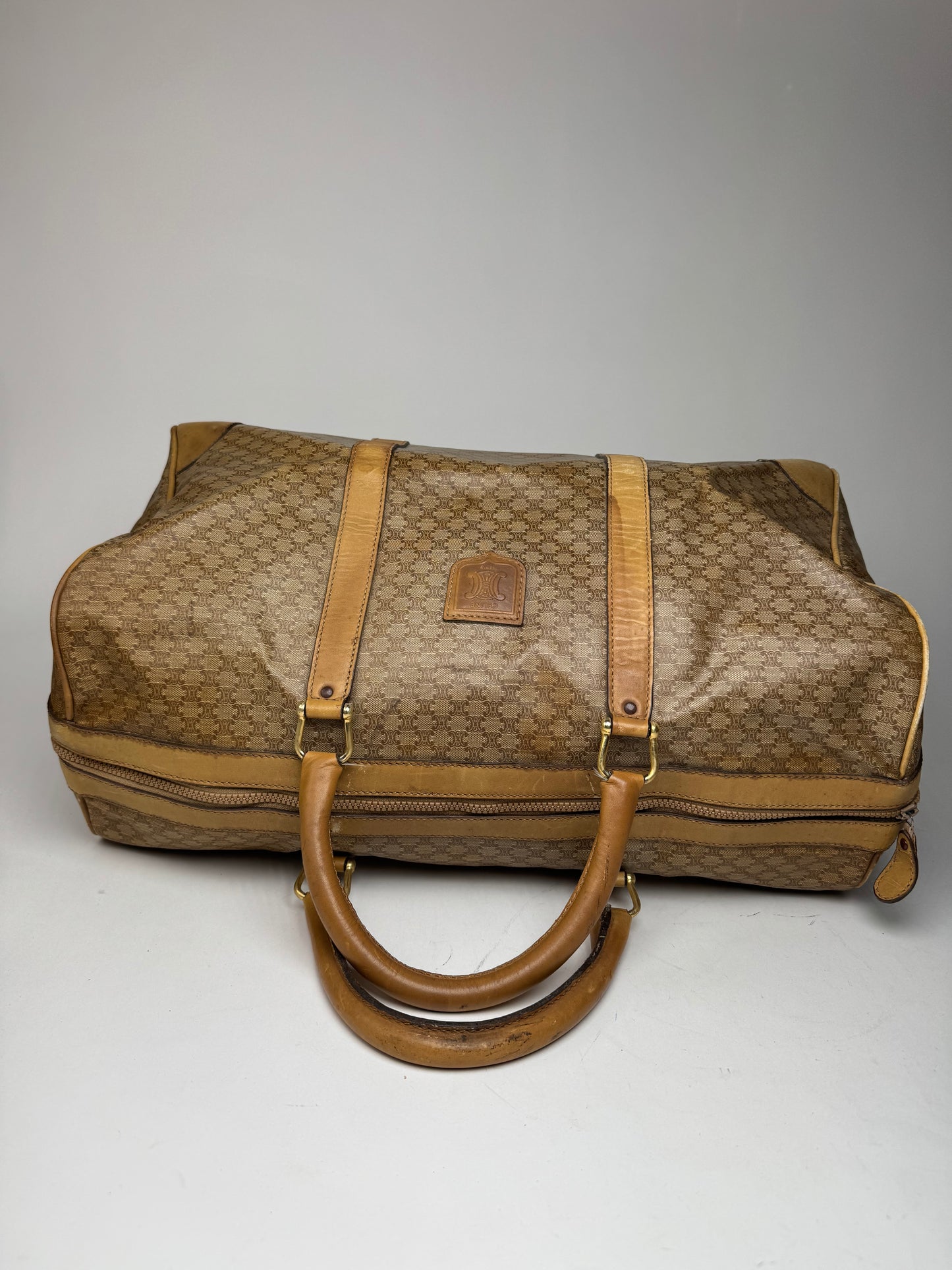 Vintage Celine Paris Triomphe Leather Monogram Duffel Bag bag gold brown