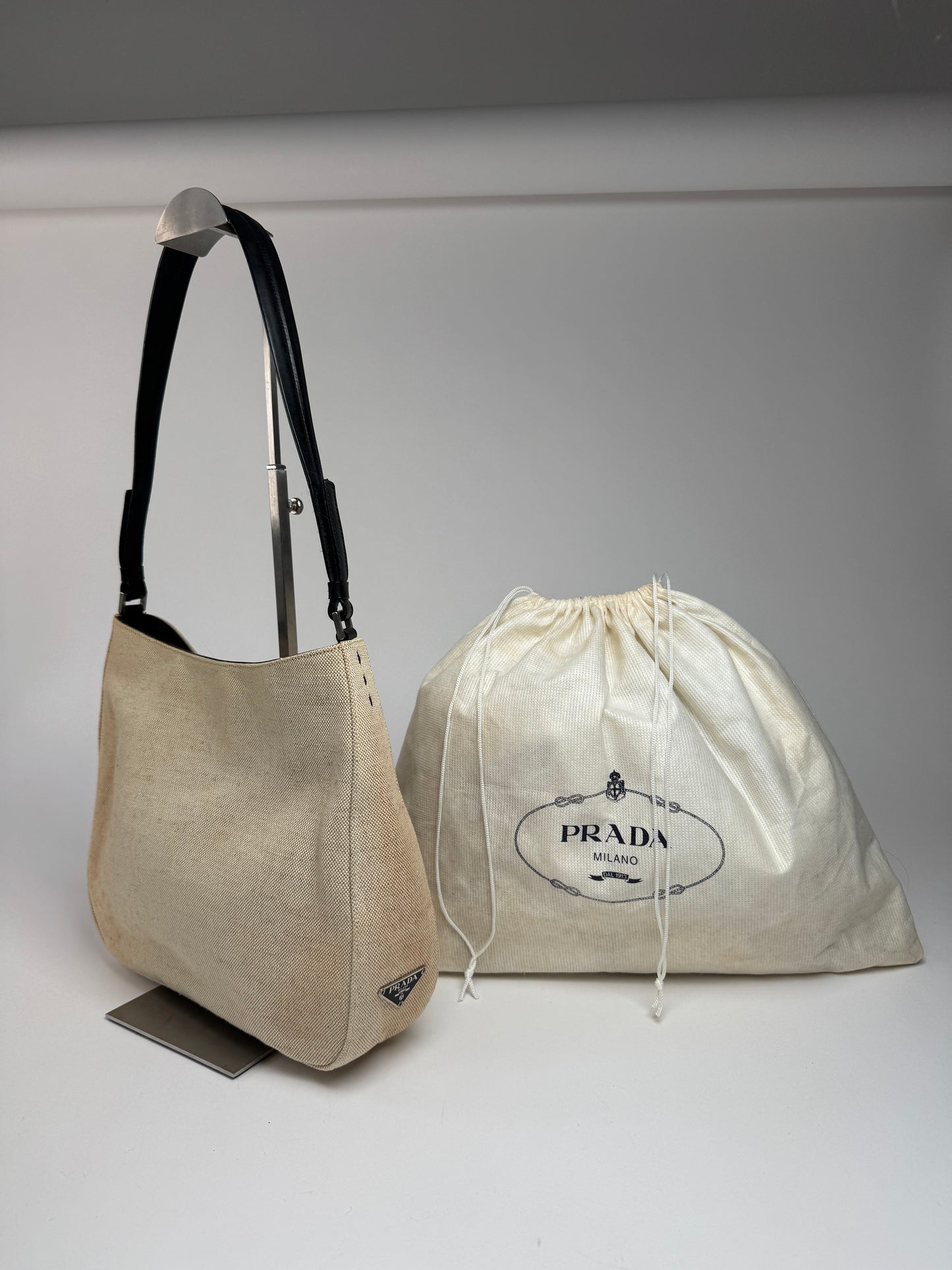 Vintage Prada Cleo Canvas Leather Bag Beige Black