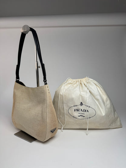 Vintage Prada Cleo Canvas Leather Bag Beige Black