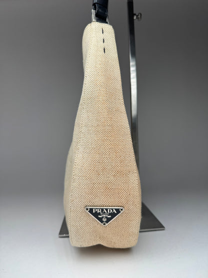 Vintage Prada Cleo Canvas Leather Bag Beige Black