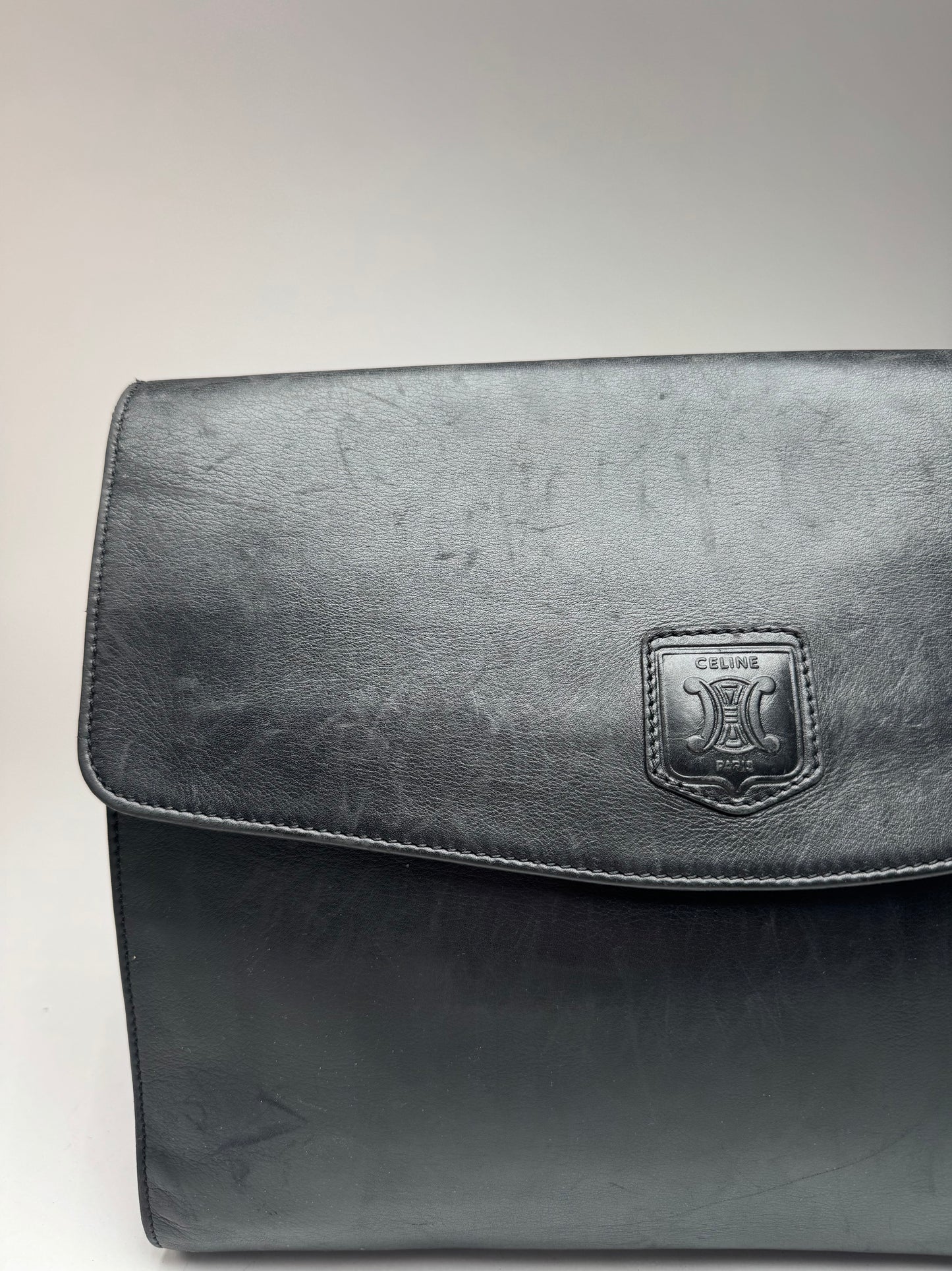 Vintage Celine Paris Triomphe Leather Clutch Black