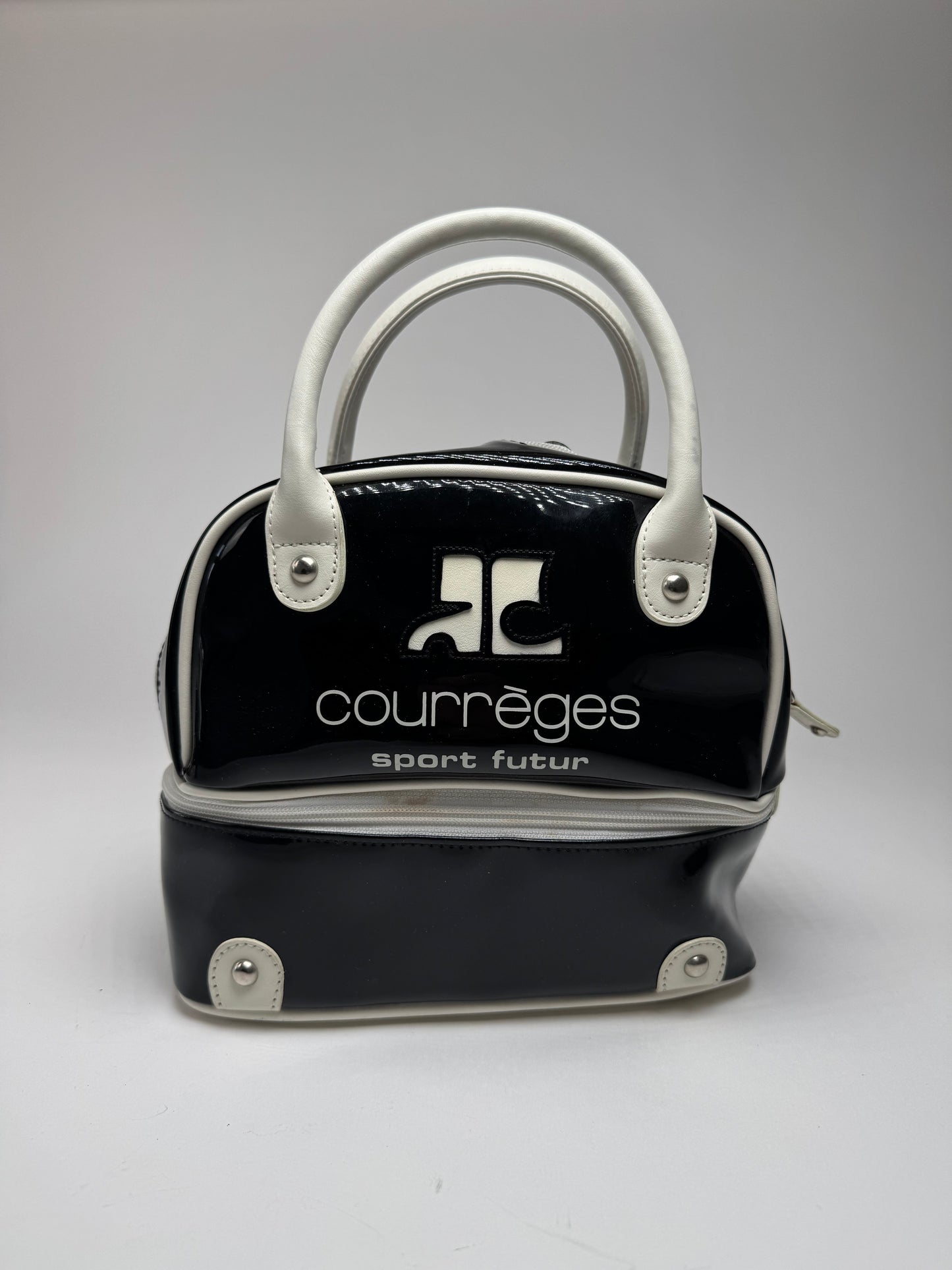 Vintage Courreges Paris Patent Leather Bag Black White