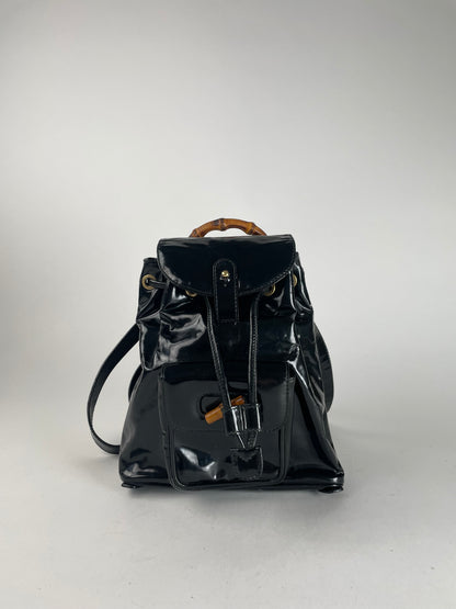 Vintage Gucci Bamboo Patent Leather Bagpack Black