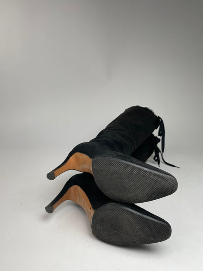 Vintage Gucci Fur / Leather Heeled Boots Black EU38C