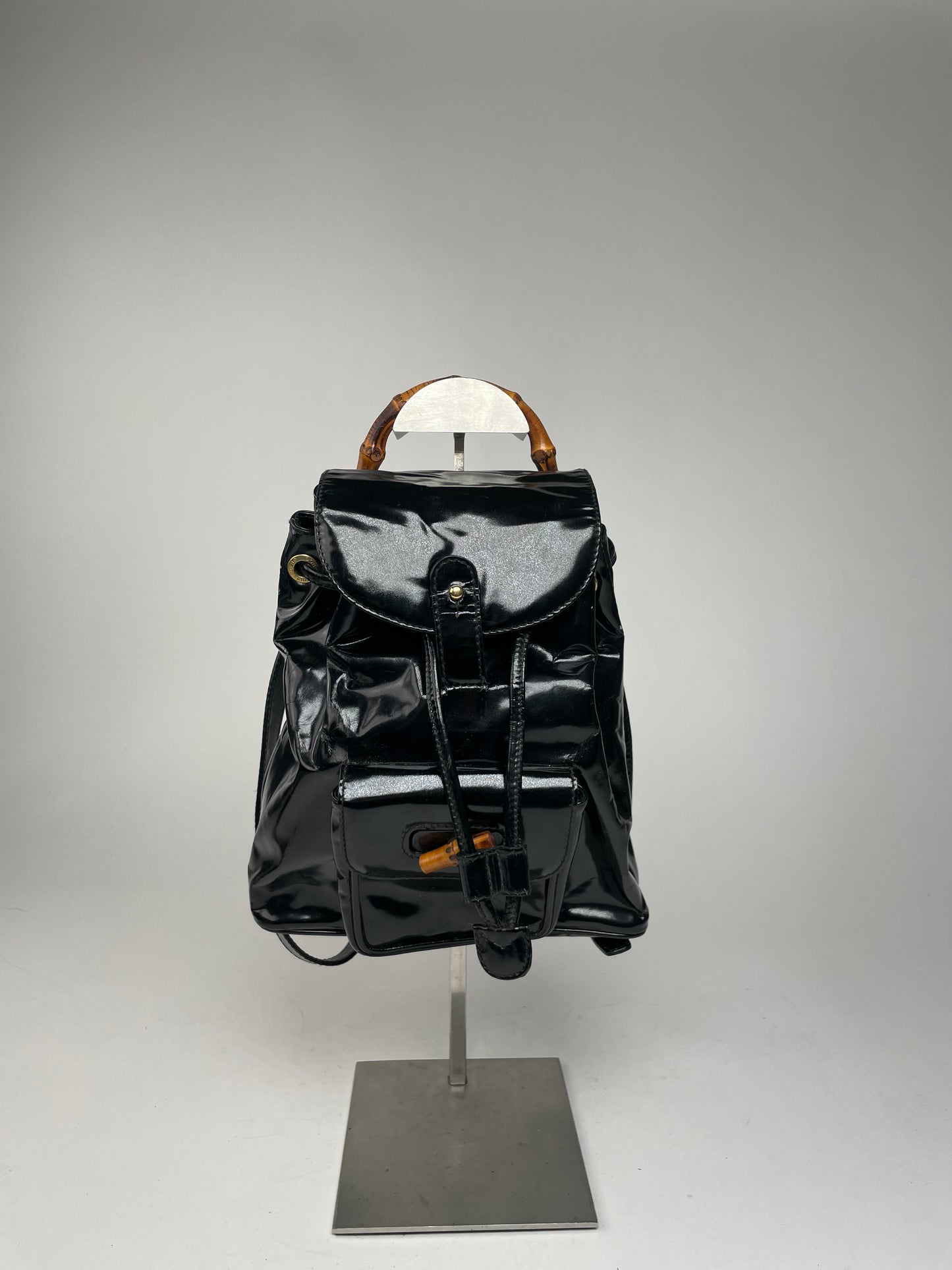 Vintage Gucci Bamboo Patent Leather Bagpack Black