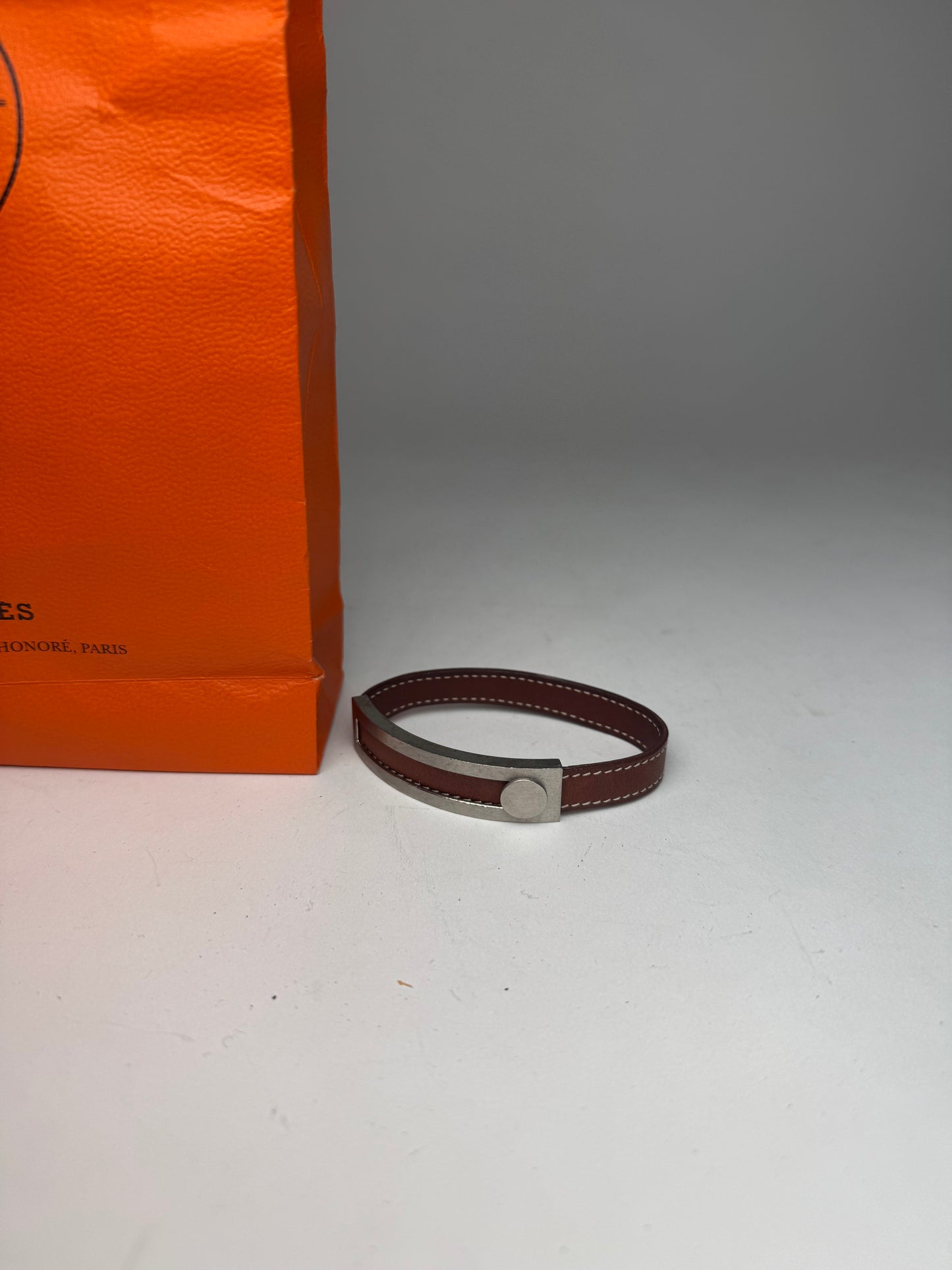 Vintage Hermes Paris Leather a bracelet silver brown