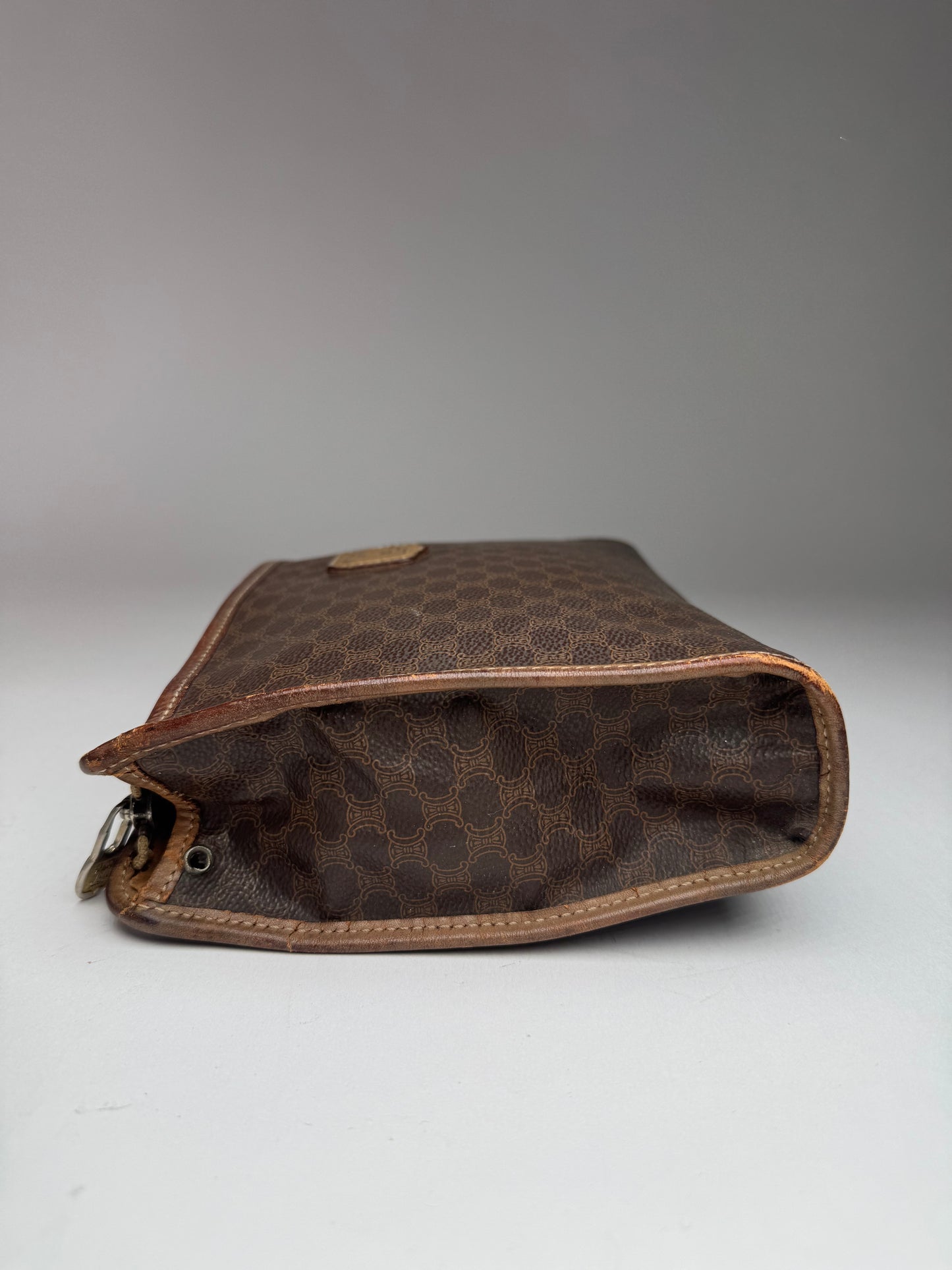 Vintage Celine Paris Triomphe Monogram Leather Clutch Brown