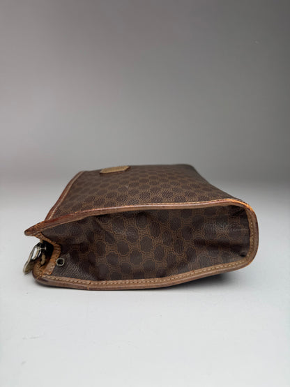 Vintage Celine Paris Triomphe Monogram Leather Clutch Brown