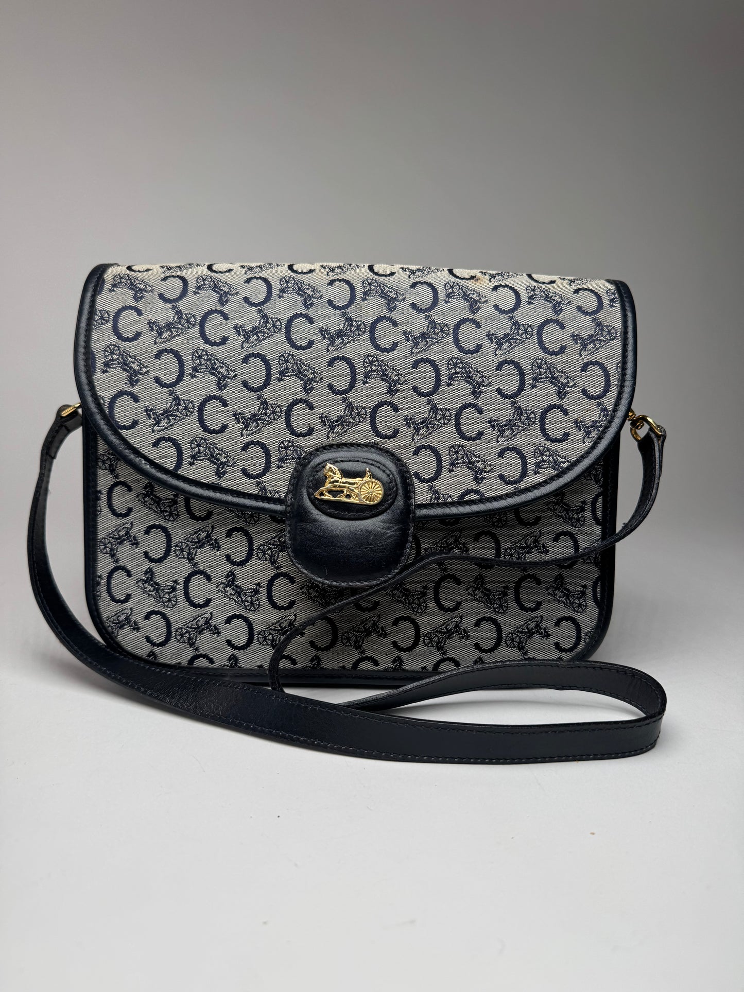 Vintage Celine Paris Triomphe Monogram Canvas/Leather Shoulder bag black gray