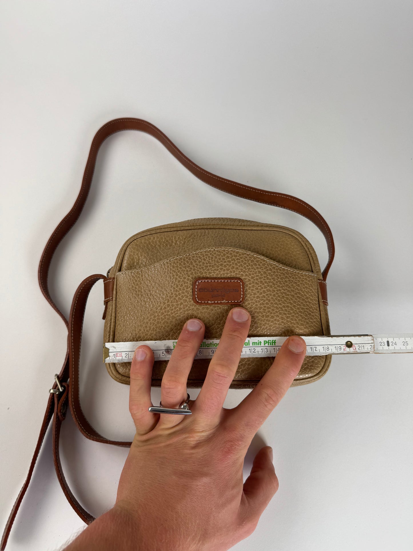 Vintage Courreges Paris Leather Crossbody Bag Beige Brown