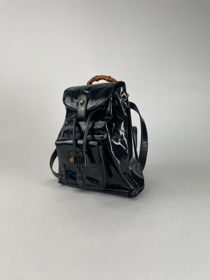 Vintage Gucci Bamboo Patent Leather Bagpack Black