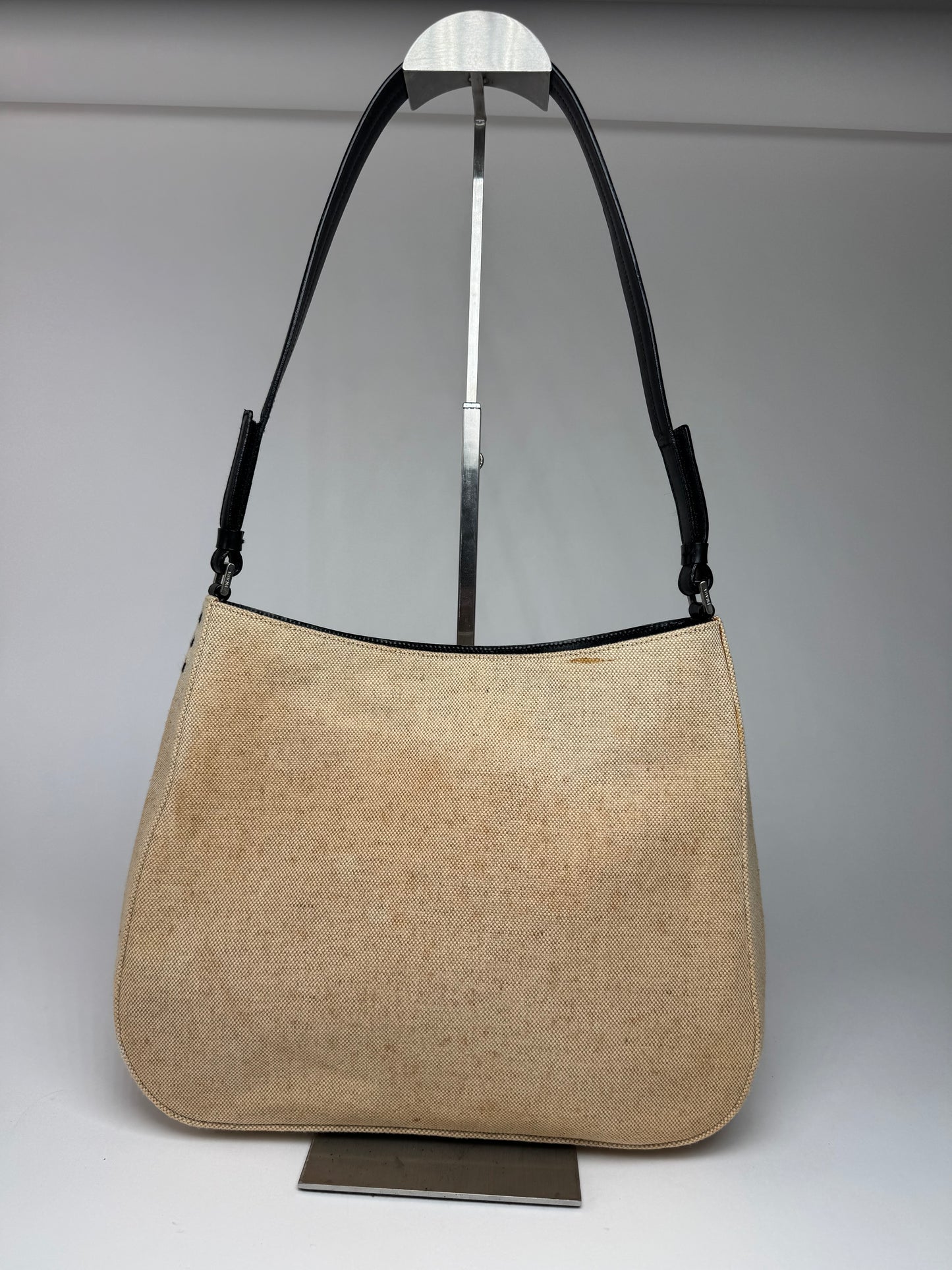 Vintage Prada Cleo Canvas Leather Bag Beige Black