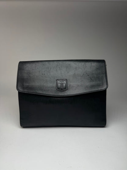 Vintage Celine Paris Triomphe Leather Clutch Black