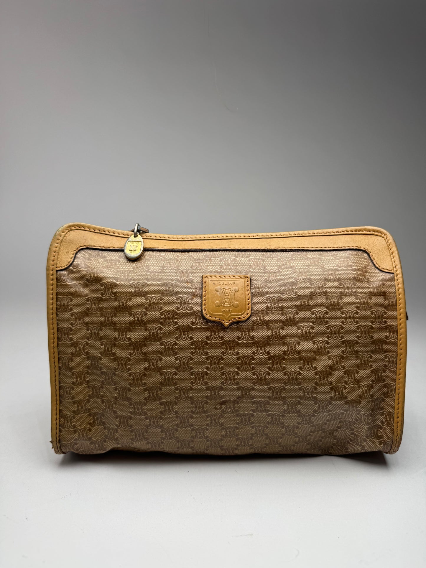 Vintage Celine Paris Leather Monogram Clutch Beige Brown