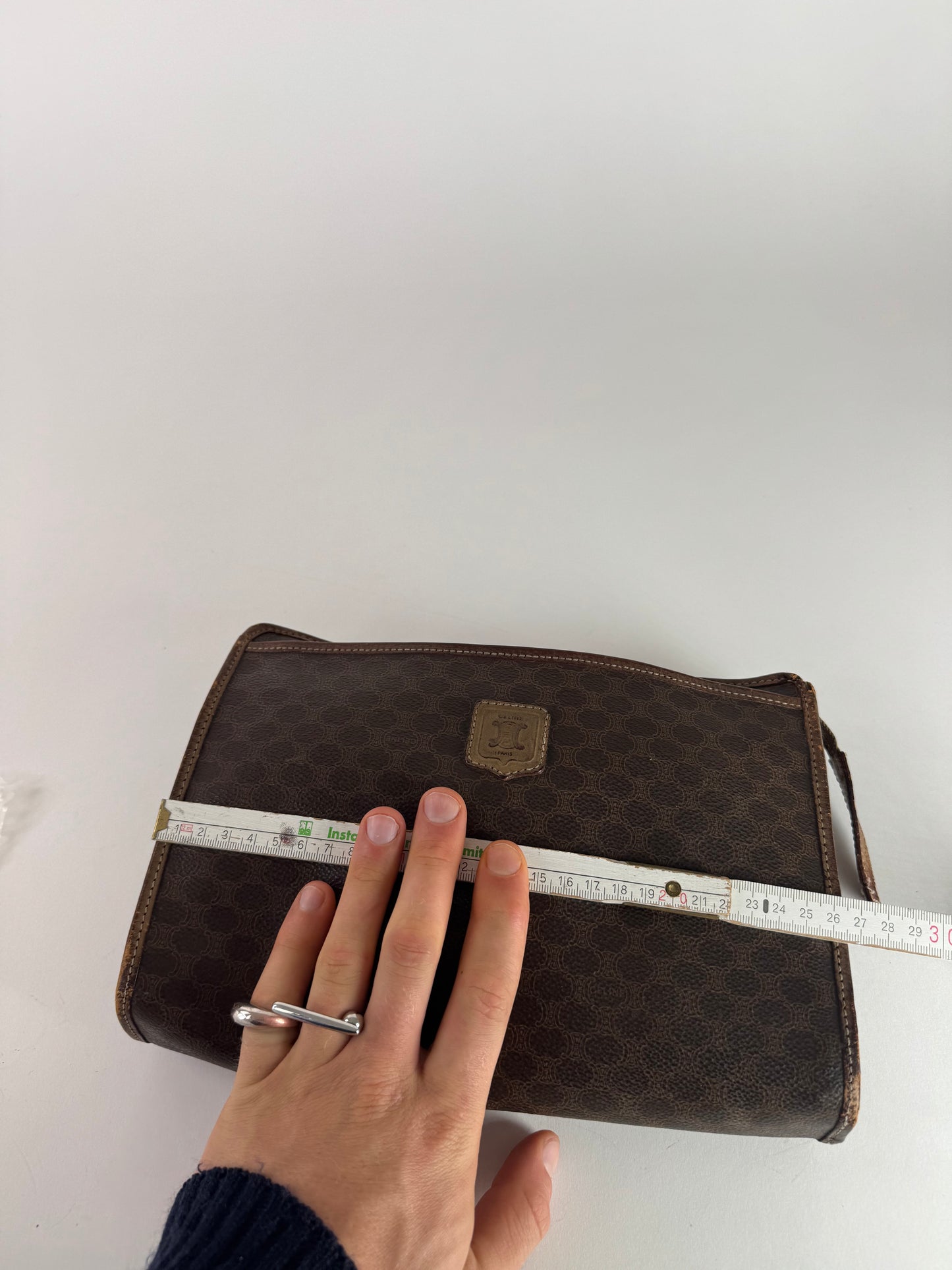 Vintage Celine Paris Triomphe Monogram Leather Clutch Brown