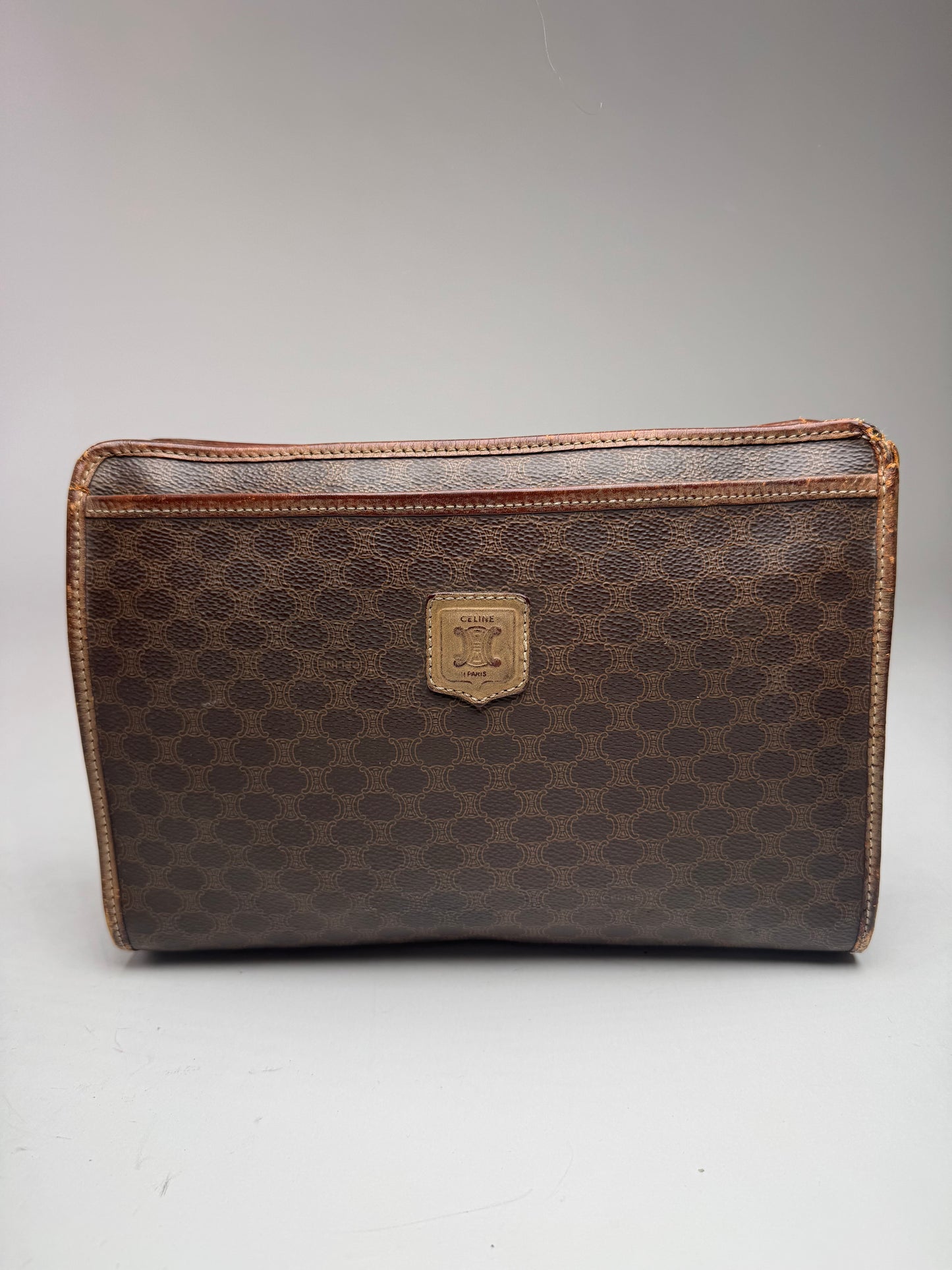 Vintage Celine Paris Triomphe Monogram Leather Clutch Brown
