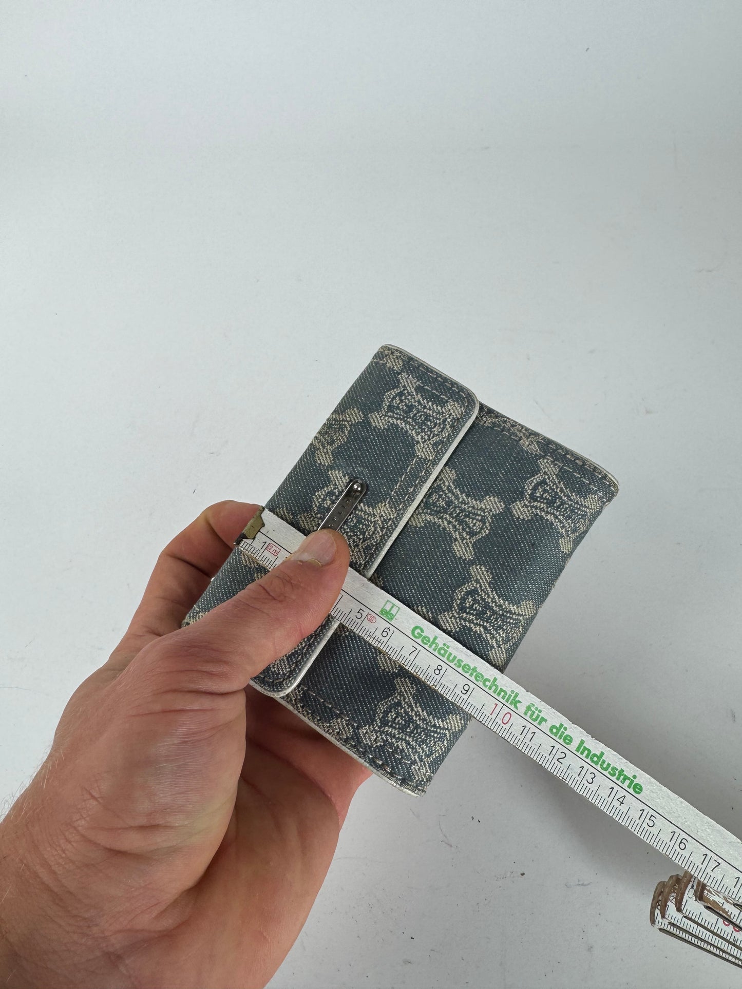 Vintage Celine Paris Denim Leather Monogram wallet white blue