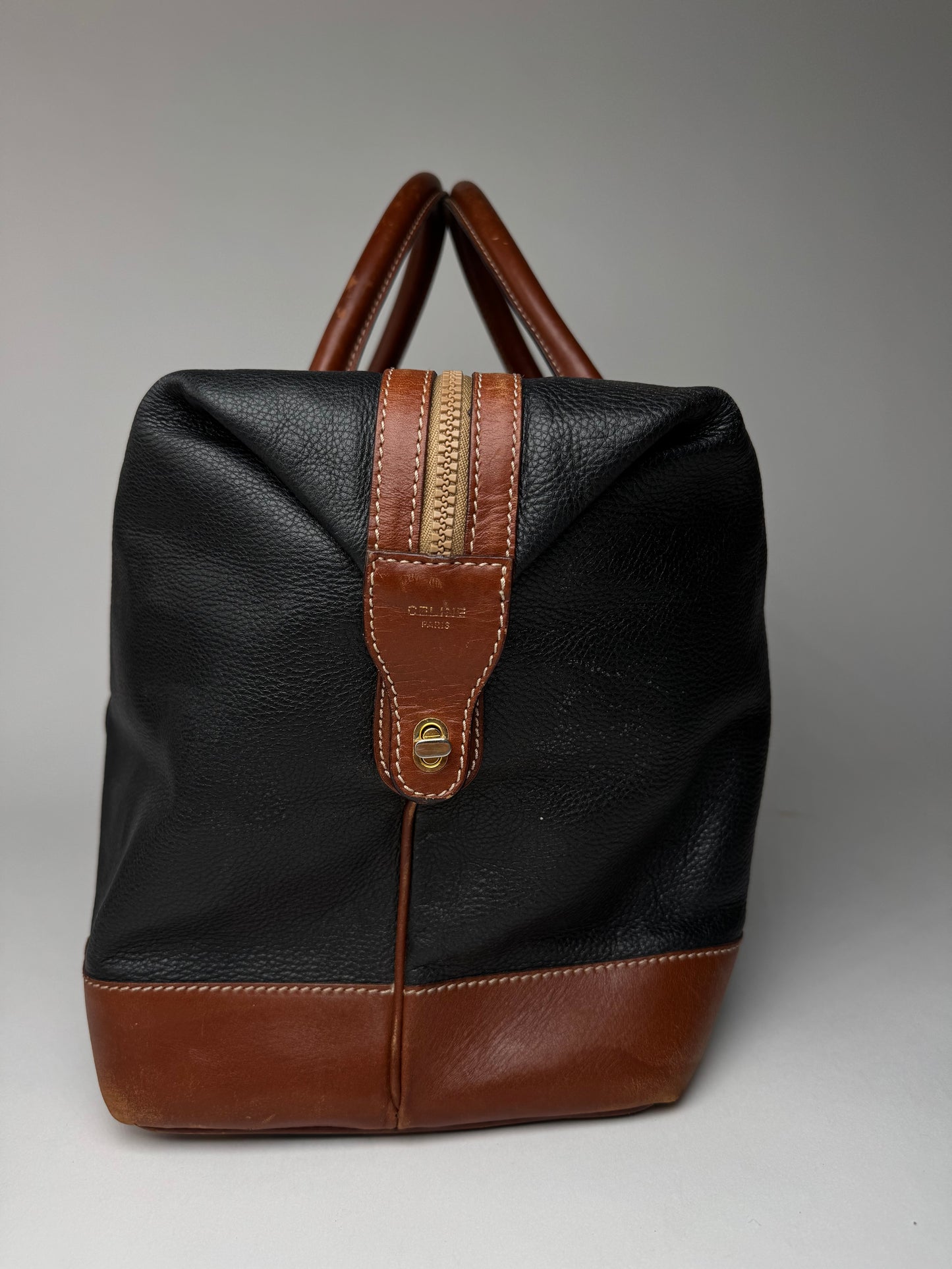 Vintage Celine Paris Triomphe Weekender Travel Bag Black Brown