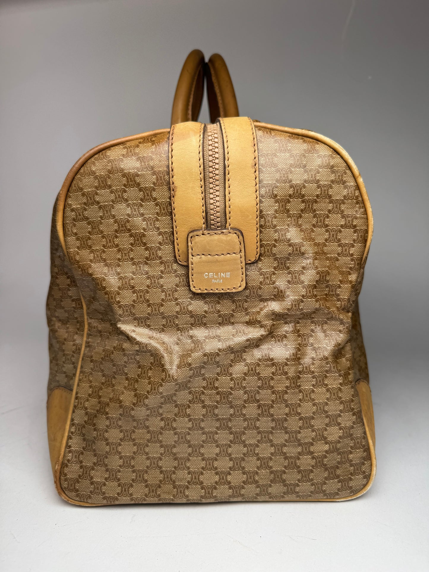 Vintage Celine Paris Triomphe Leather Monogram Duffel Bag bag gold brown