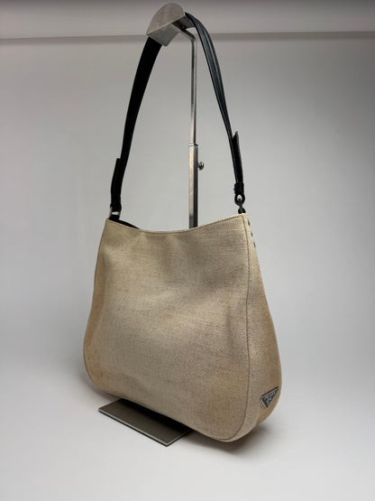 Vintage Prada Cleo Canvas Leather Bag Beige Black
