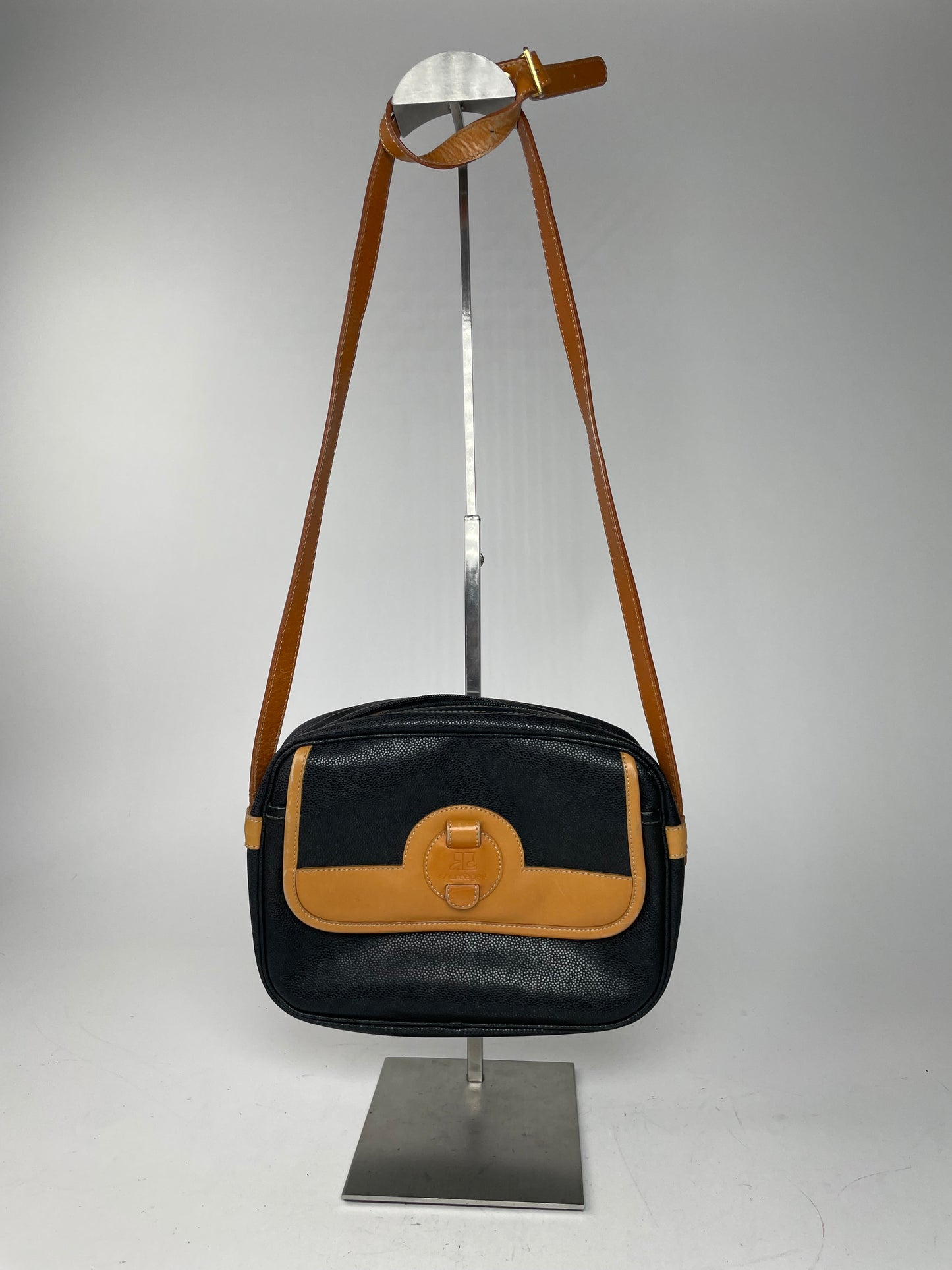 Vintage Courreges Paris Leather Crossbody Bag Black Brown