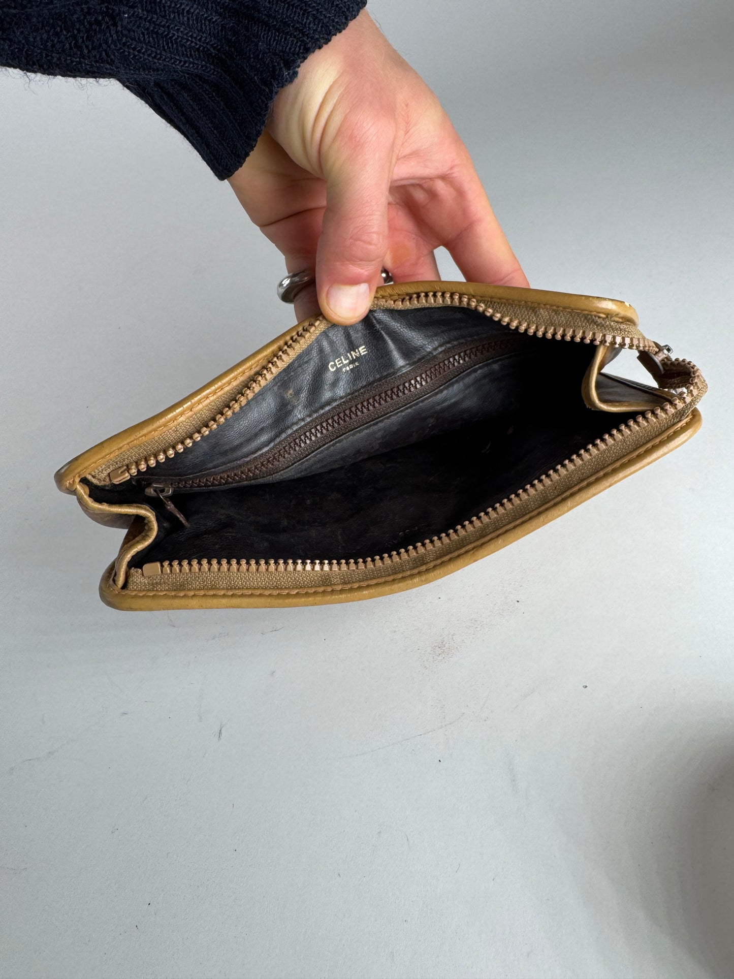 Vintage Celine Paris Leather Monogram Clutch Beige Brown