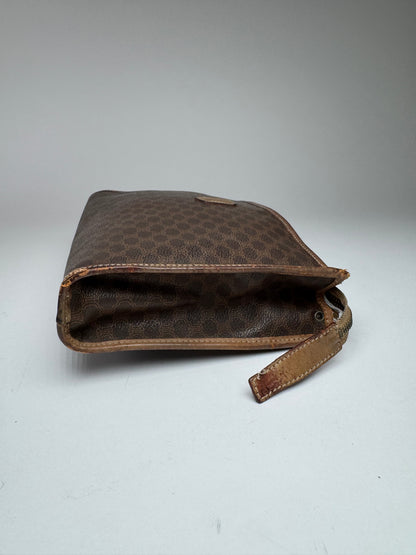Vintage Celine Paris Triomphe Monogram Leather Clutch Brown