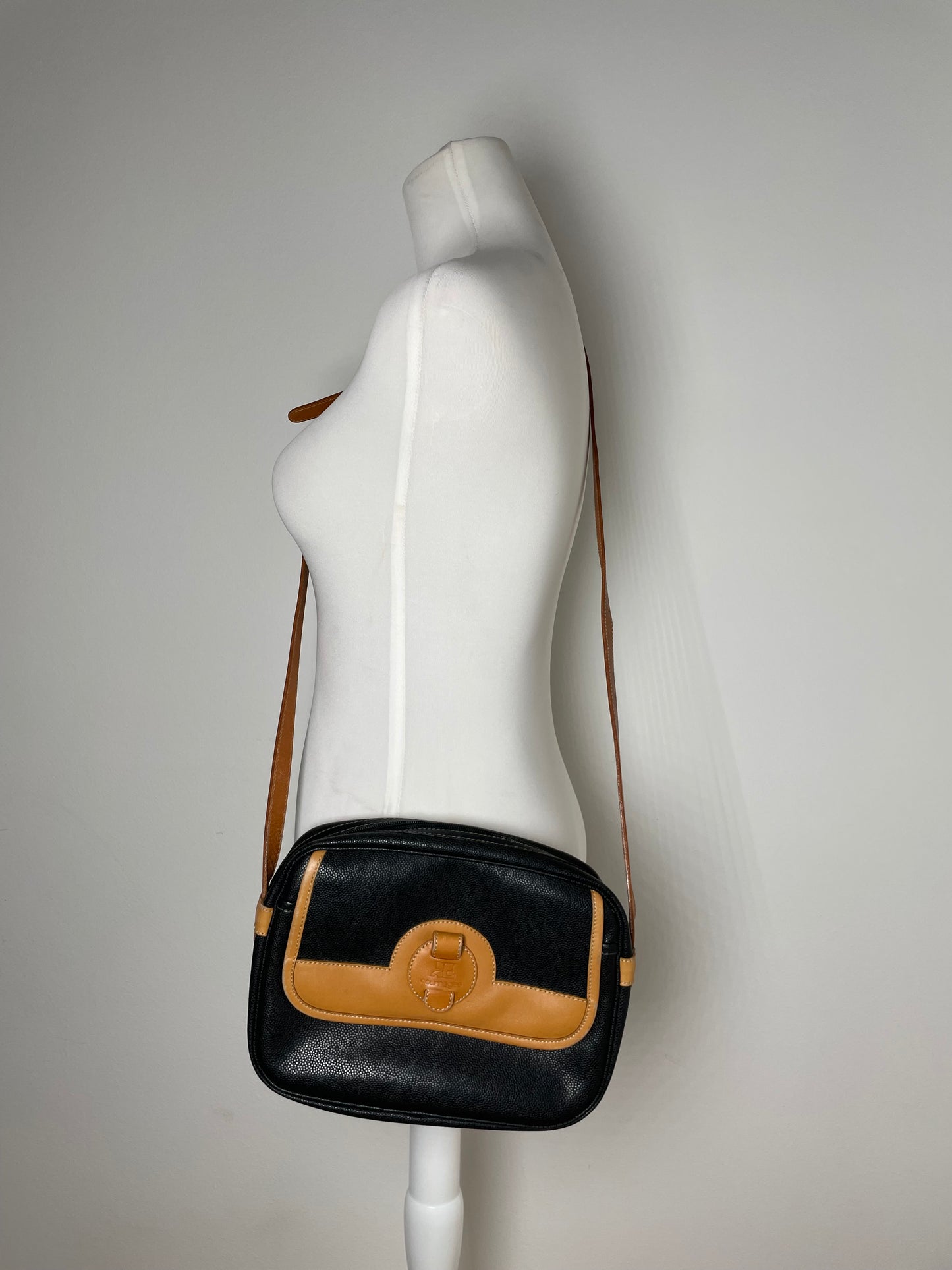 Vintage Courreges Paris Leather Crossbody Bag Black Brown