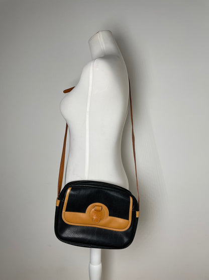 Vintage Courreges Paris Leather Crossbody Bag Black Brown