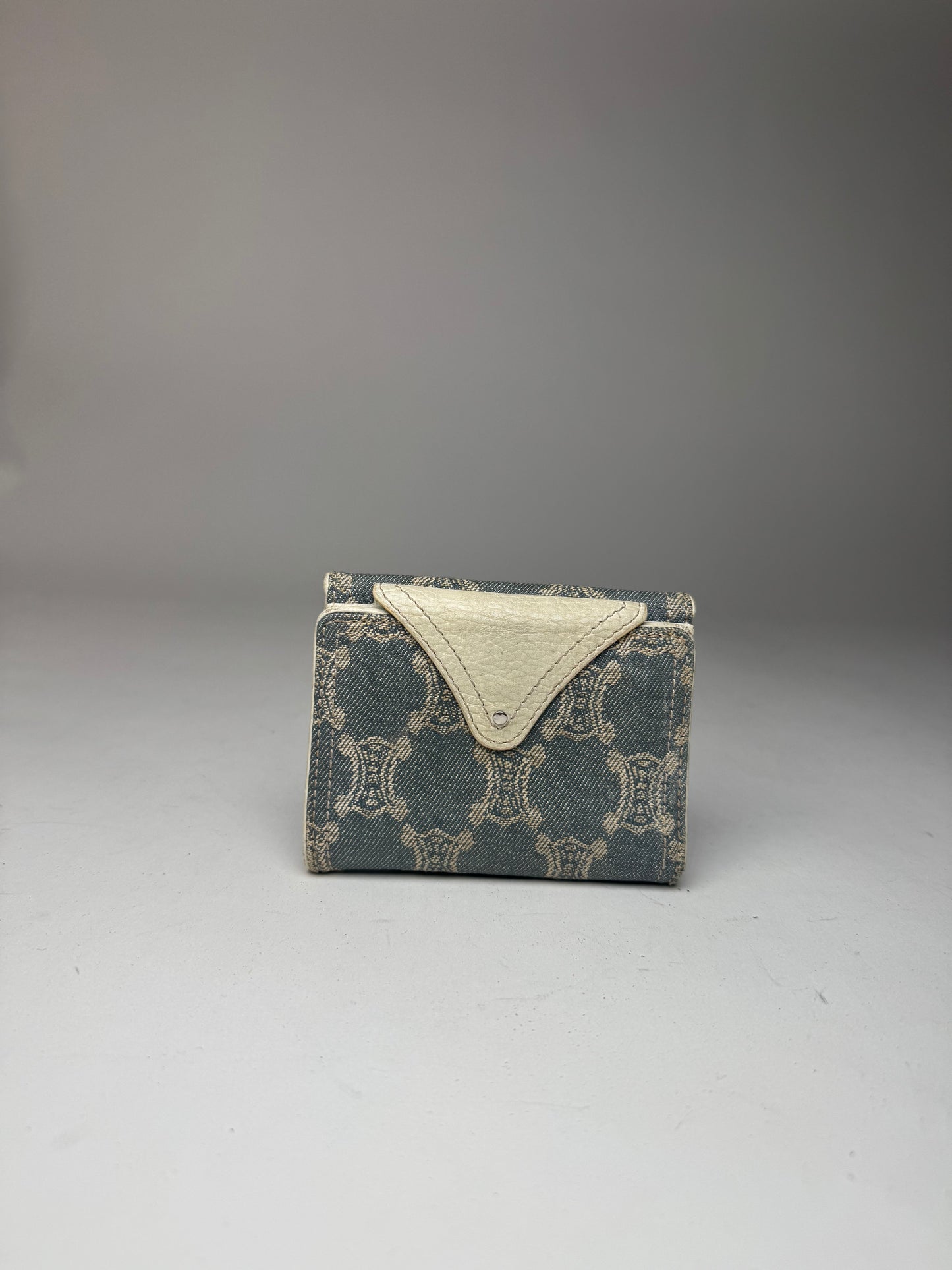 Vintage Celine Paris Denim Leather Monogram wallet white blue