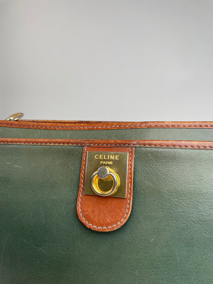 Vintage Celine Paris Triomphe Leather Clutch Green