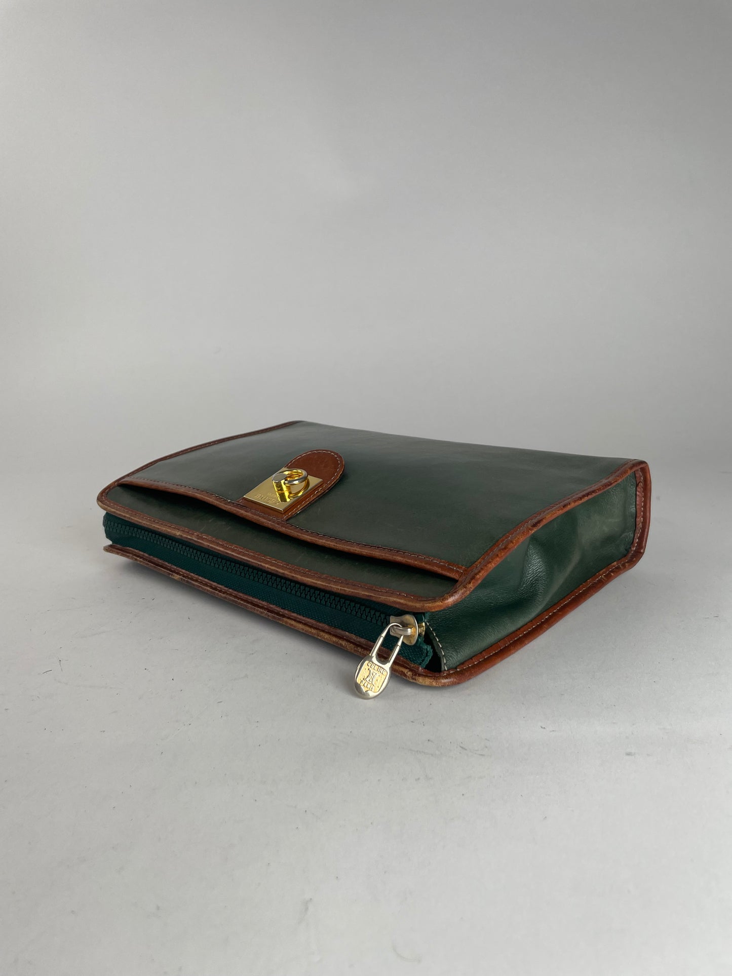 Vintage Celine Paris Triomphe Leather Clutch Green