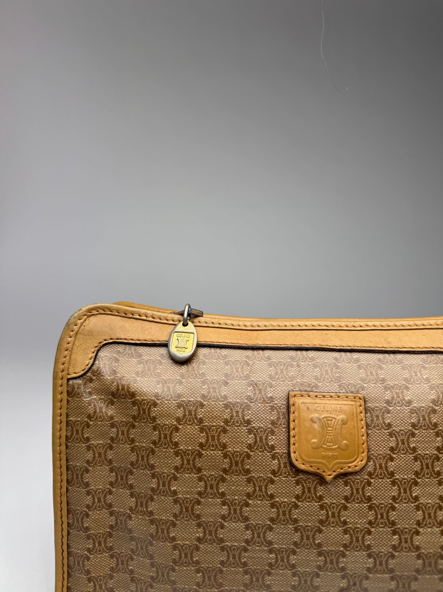 Vintage Celine Paris Leather Monogram Clutch Beige Brown