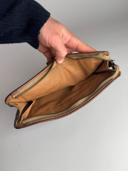 Vintage Celine Paris Triomphe Monogram Leather Clutch Brown