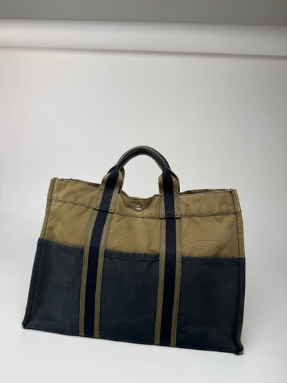 Vintage Hermes Paris Canvas Shopper Khaki/Black