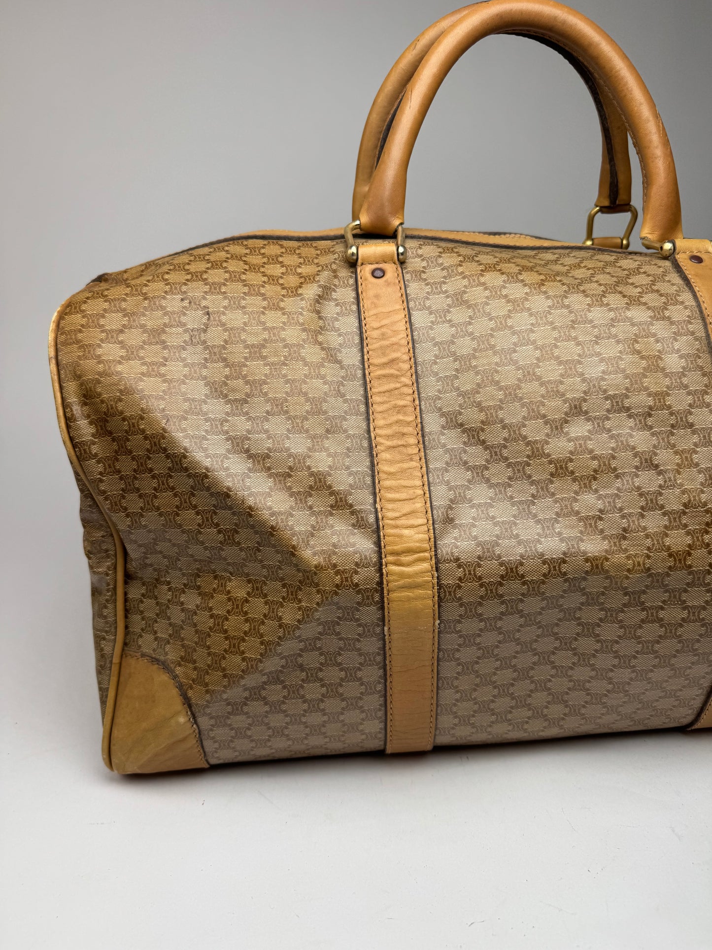 Vintage Celine Paris Triomphe Leather Monogram Duffel Bag bag gold brown